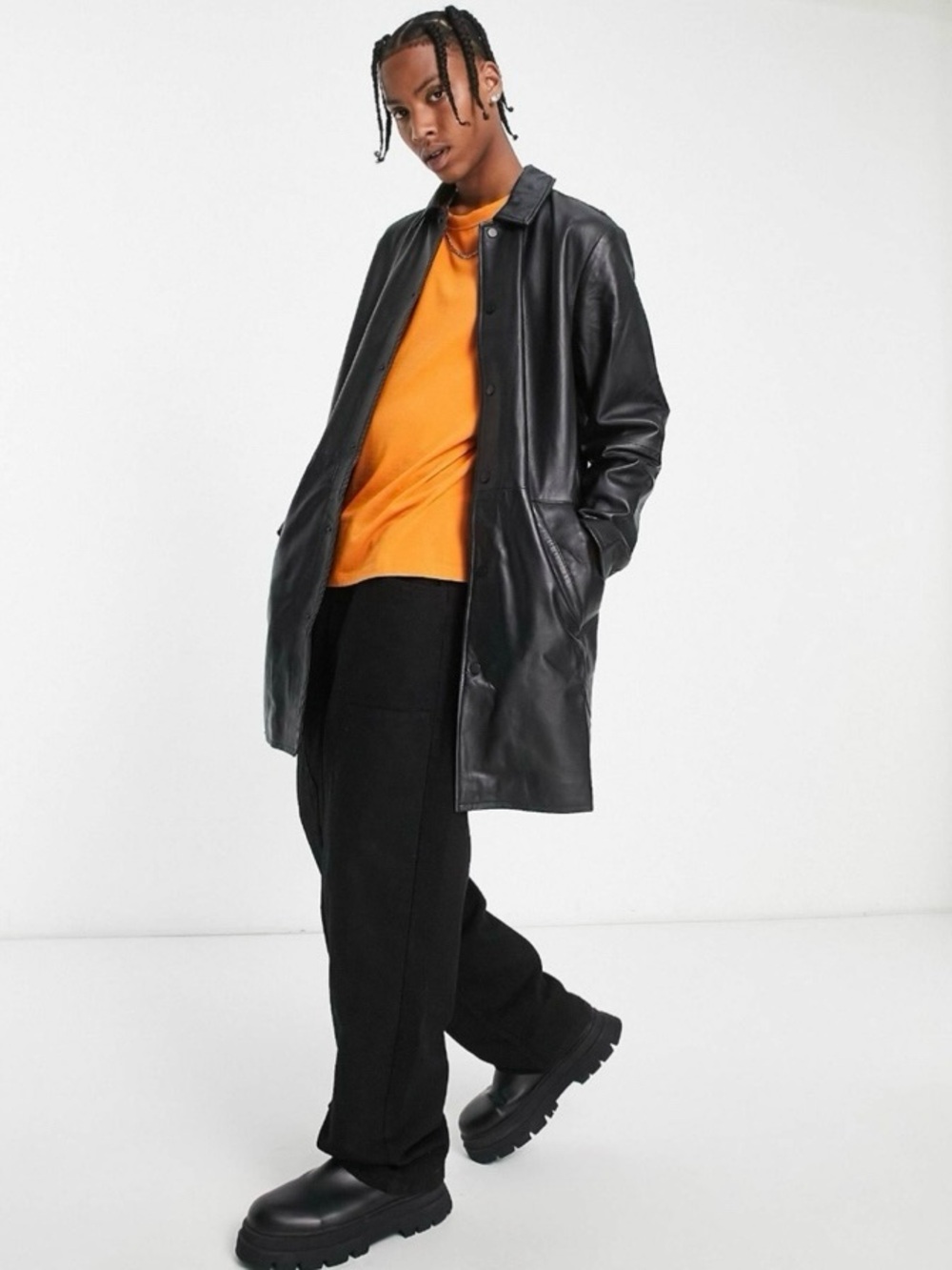 ASOS DESIGN Genuine Leather Trench Coat in Black Size Medium